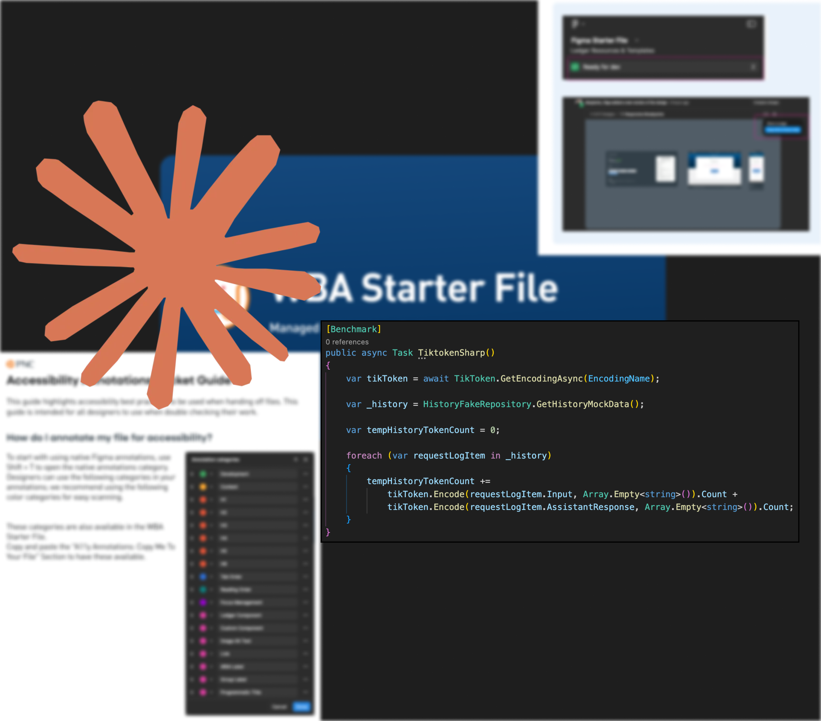 PNC design system starter file, accessibility documentation, and code with an orange starburst